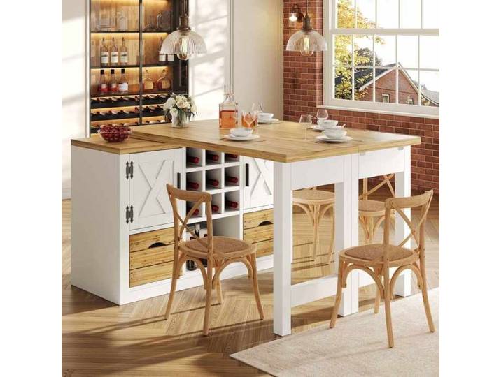 Table de bar extensible 120-197x40-80x72cm îlot de cuisine Table à manger pliante Buffet bas avec 2 portes 2 tiroirs - blanc