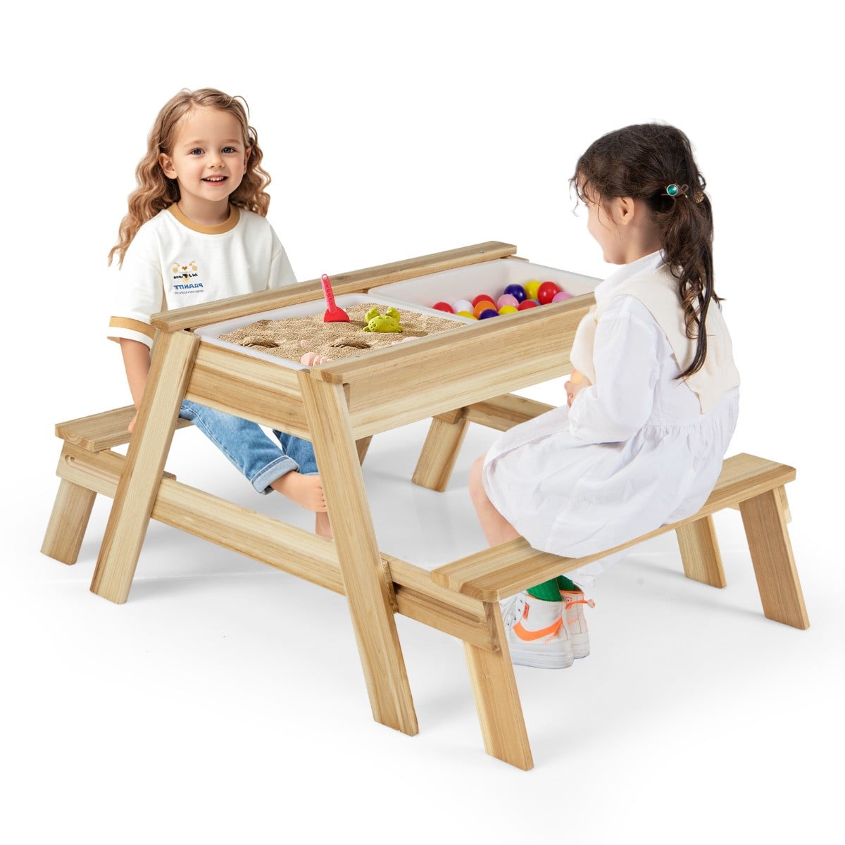 Costway 4-in-1 Kinderzitjeset met Moddertafel en Houten Picknicktafel