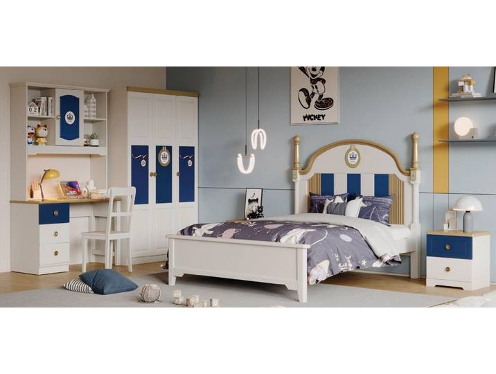 JVmoebel Jugendzimmer-Set Weißes Kinderzimmer-Set mit Bett, Schreibtisch und Kleiderschrank, (6-tlg., Bett, 2x Nachttische, Kleiderschrank, Schreibtisch, Stuhl), Made in Europe