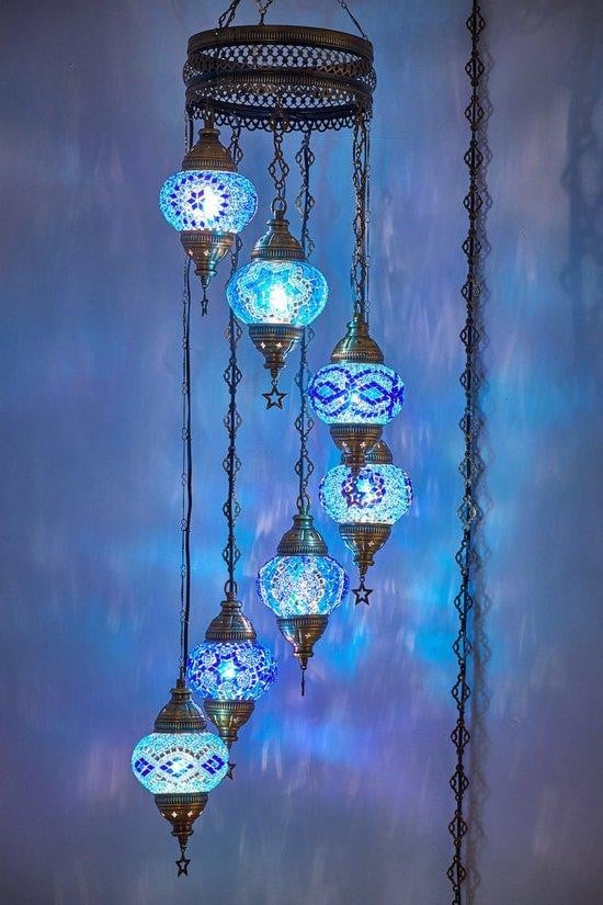 Halay Turkse hanglamp met 7 blauwe glazen mozaïekbolletjes