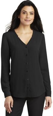 Port Authority LW700 Women's Long Sleeve Button-Front Blouse in Black size XL   Polyester