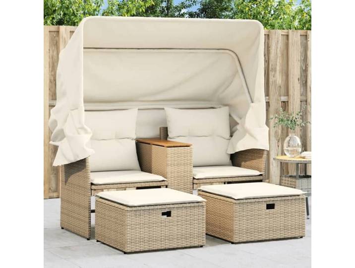 Automne/hiver  Beige Canapé de jardin 2 places avec auvent et tabourets beige rotin - Hauteur：69cm DEC5070277