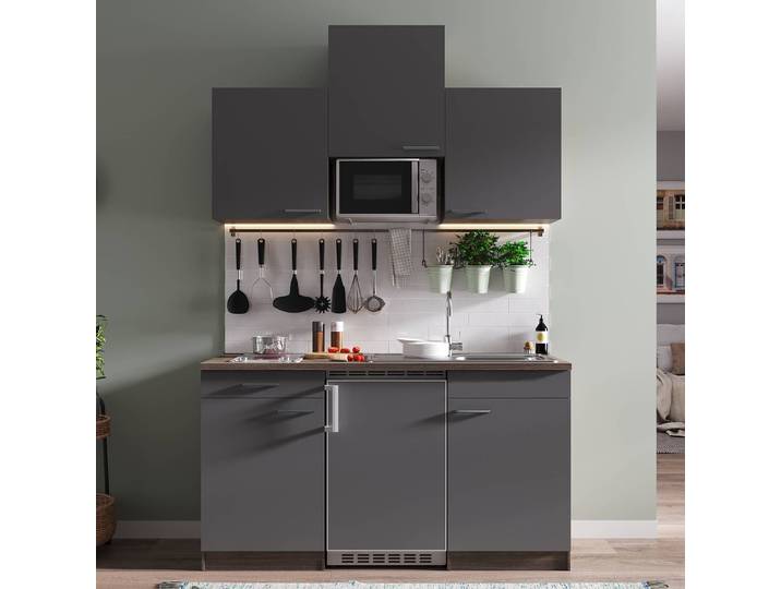 Cuisine Oliver II 150cm Gris/Gris/Imitation chêne foncé Vitrocéramique