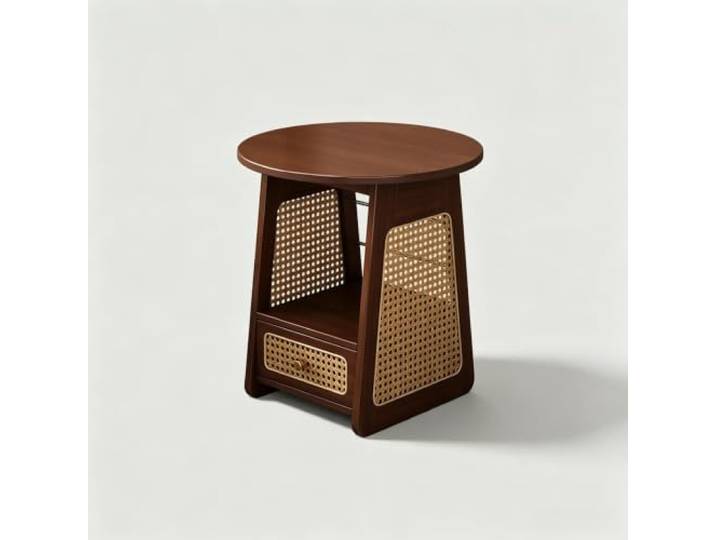Runder Rattan Beistelltisch aus Bambus mit Schublade 50cm 2 Stile Boho Beistelltisch im Mid-Century Stil für Wohnzimmer(C)