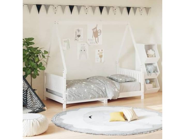 HGFDSAWE Kinderbett 80x160 cm Kiefer Massivholz Hausbett Weiß Rustikale Maserung, Stabil durch Holzlatten, Niedriger Ein- und Ausstieg