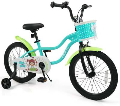 Costway 18 Inch Kids Bike with Training Wheels and Basket Green Color
