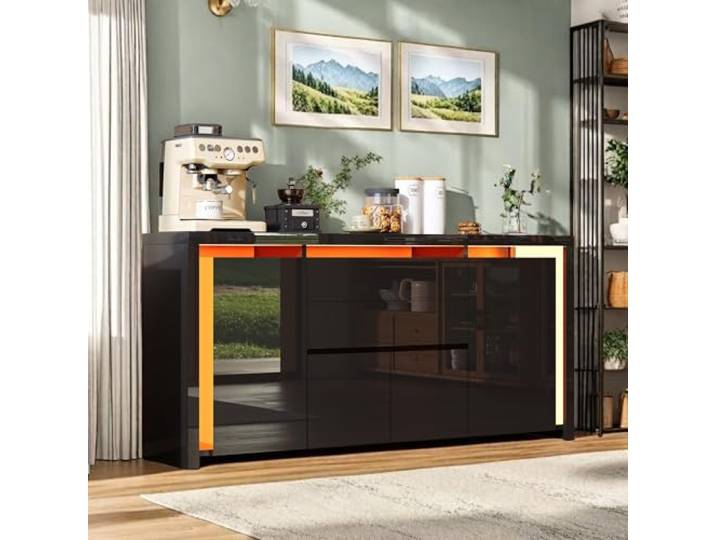 OLIVIBED Sideboard mit 4 Türen, Hochglanz Anrichte mit 2 Schubladen und Stauraum, Modernen Wohnzimmerschrank für Wohnzimmer und Schlafzimmer, Minimalistisches Design, 160x35x75cm, Schwarz