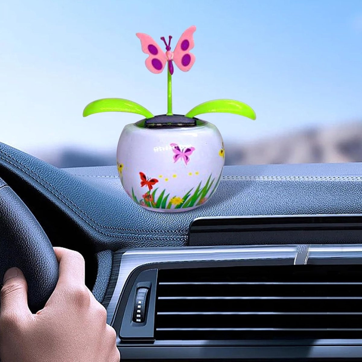 Dansende Bloemen Zonnebloem Decoratie voor Auto Interieur met Vlinder - Aangedreven door Zonne-energie - 14 cm