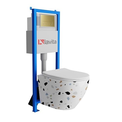 Lavita complete toiletset SOFI Slim Stone wit met wandhangende diepspoelbak en bedieningspaneel goud