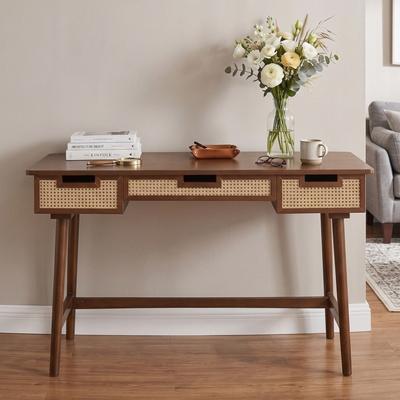 "51""Mid‑Century Modern Rattan Wood Console Table with 3 Storage Drawers, Finish Computer Desk for Study & Bedroom"
