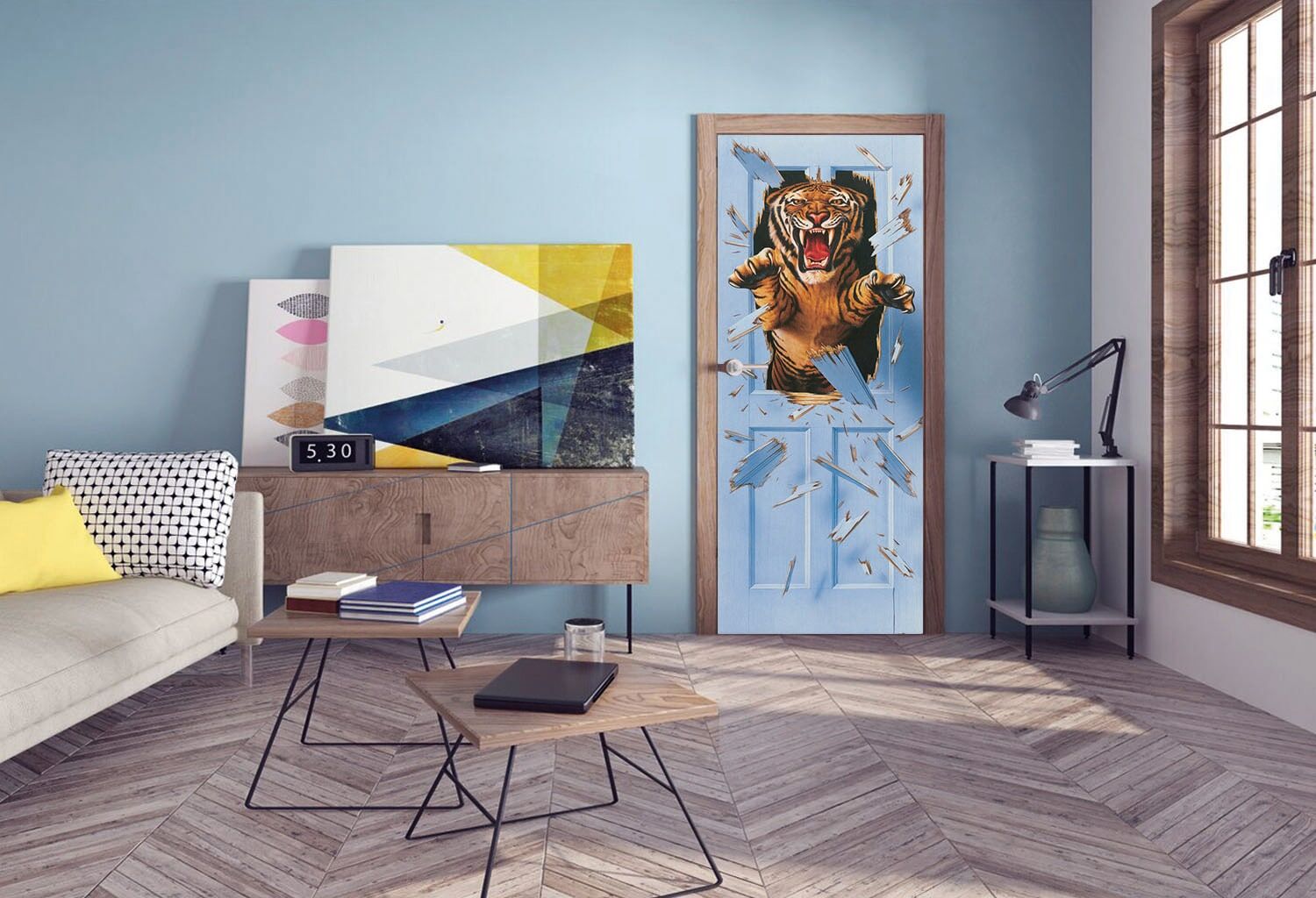 Fototapete PAPERMOON "Bursting Tiger - Türtapete", bunt, B:0,9m L:2m, Vlies, Tapeten, Fototapete bunt B/L: 0,9m x 2m