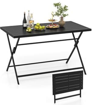 Costway Foldable Outdoor Dining Table 48inch x 30inch Rectangular Metal Patio Table with Slatted Tabletop-Black