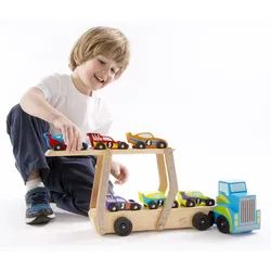 Melissa & Doug Autotransporter Mega Holzspielzeug mit 6 Rennautos - Mehrfarbig, FSC-zertifiziert, ausziehbar, absenkbare Rampe