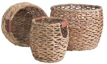 VNT Signature Set of 3 Handwoven Round Water Hyacinth Baskets with PU Leather Handles
