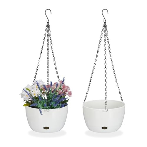 Relaxdays set van 2 hangpotten met opvangbakjes, wit, H 56 cm x Ø 20,5 cm