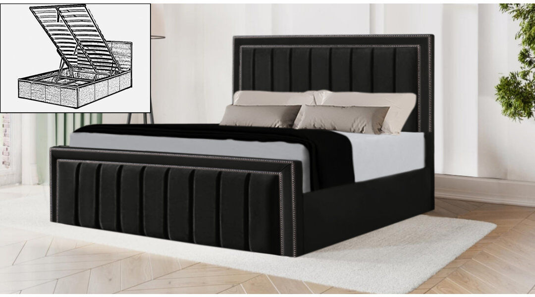 Brayden Studio Luciana Upholstered Velvet Lift Up Storage Ottoman Bed Black Double (4'6)