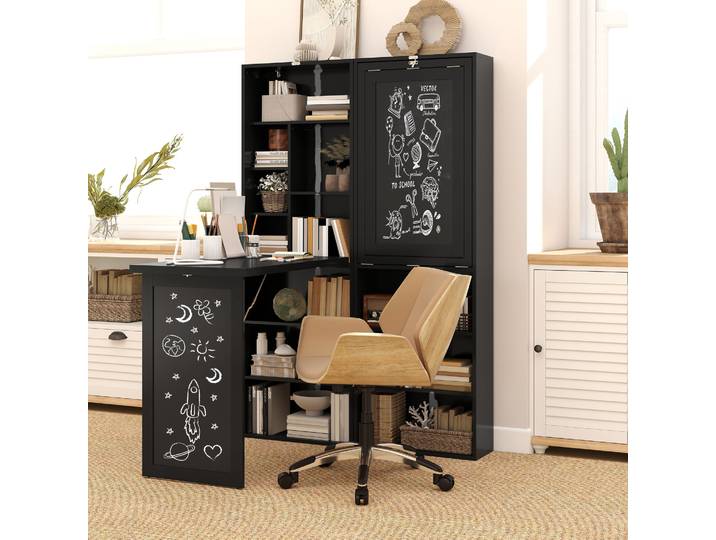 HOMCOM Bureau Pliant Moderne Bois Métal avec Bibliothèque Noir