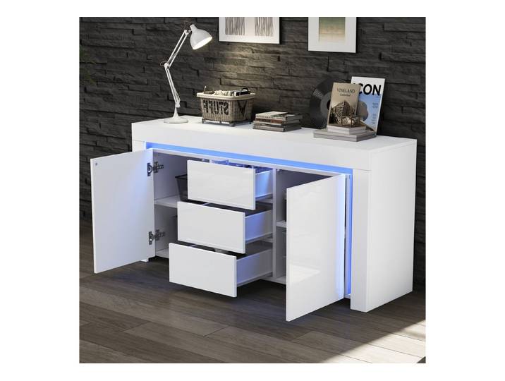 STILVORA Sideboard mit Schuladen,Beistellschrank Aufbewahrungsschrank Hochglanz mit LED