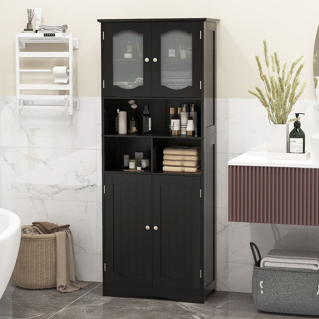 Lark Manor Glass Freestanding Bathroom Cabinet Black 148cm H X 60cm W X 30cm D