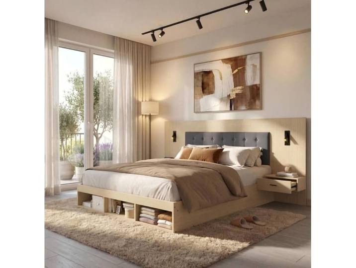 COVREO Lit double 160x200 cm avec rangement 2 tables de chevet USB Type-C liseuses chêne clair