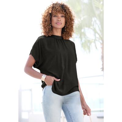 Kurzarmbluse LASCANA "mit schmalem Stehkragen und weiten Ärmeln", Damen, Gr. 48, schwarz, Web, Obermaterial: 100% Viskose, unifarben, figurumspielend hüftlang, weit, Blusen, Blusenshirt mit weiten Ärmeln, elegante Bluse, lockere Form, Topseller