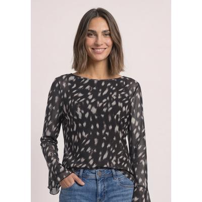 Langarmshirt STREET ONE, Damen, Gr. 40, schwarz-weiß (schwarz), Netz;Stoff, Oberstoff: 95% Polyester, 5% Elasthan. Futter: 100% Viskose, gemustert, normal normal, U-Boot-Ausschnitt, abgesteppt, Shirts Langarmshirt, mit Volantärmeln