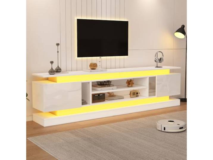 Merax TV Schrank mit LED, Moderner TV Lowboard mit 2 Schranktüren, offenen Fächern, verstellbare Einlegeböden, Fernsehschrank für 75 Zoll TVs, Hochglanz TV Bank für Wohnzimmer Esszimmer, 180cm, Weiß