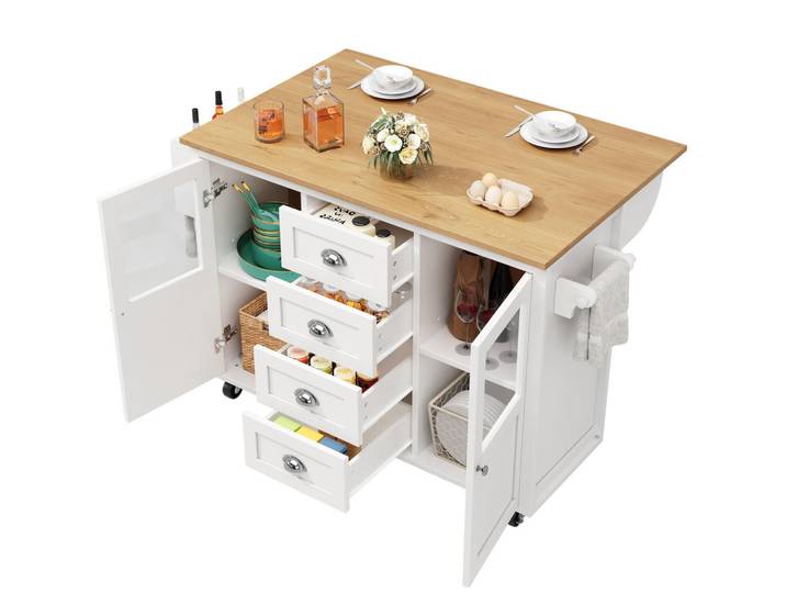 Modenvie Kücheninsel 137,9/73/92,5 cm aus MDF und Metall mit klappbarer Arbeitsfläche Weiß, 137.9x92.5x73 cm, Küchen, Küchenmöbel, Kücheninseln