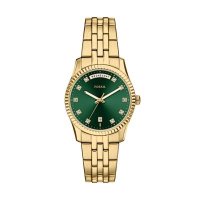 Quarzuhr FOSSIL "Scarlette", gold (gelbgoldfarben, grün), Armbanduhren, Damen, Quarzuhr, Armbanduhr, Damenuhr, Edelstahlarmband, analog, Tag, Wochentag