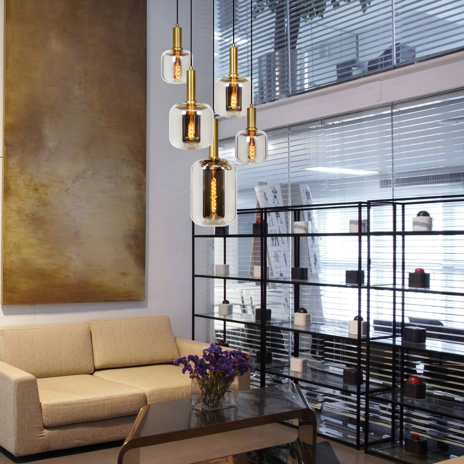 Lucide Glass Pendant Light Joanet, dimmable, Alu / grey / zinc, Living / Dining Room, Glass, Ceiling Light