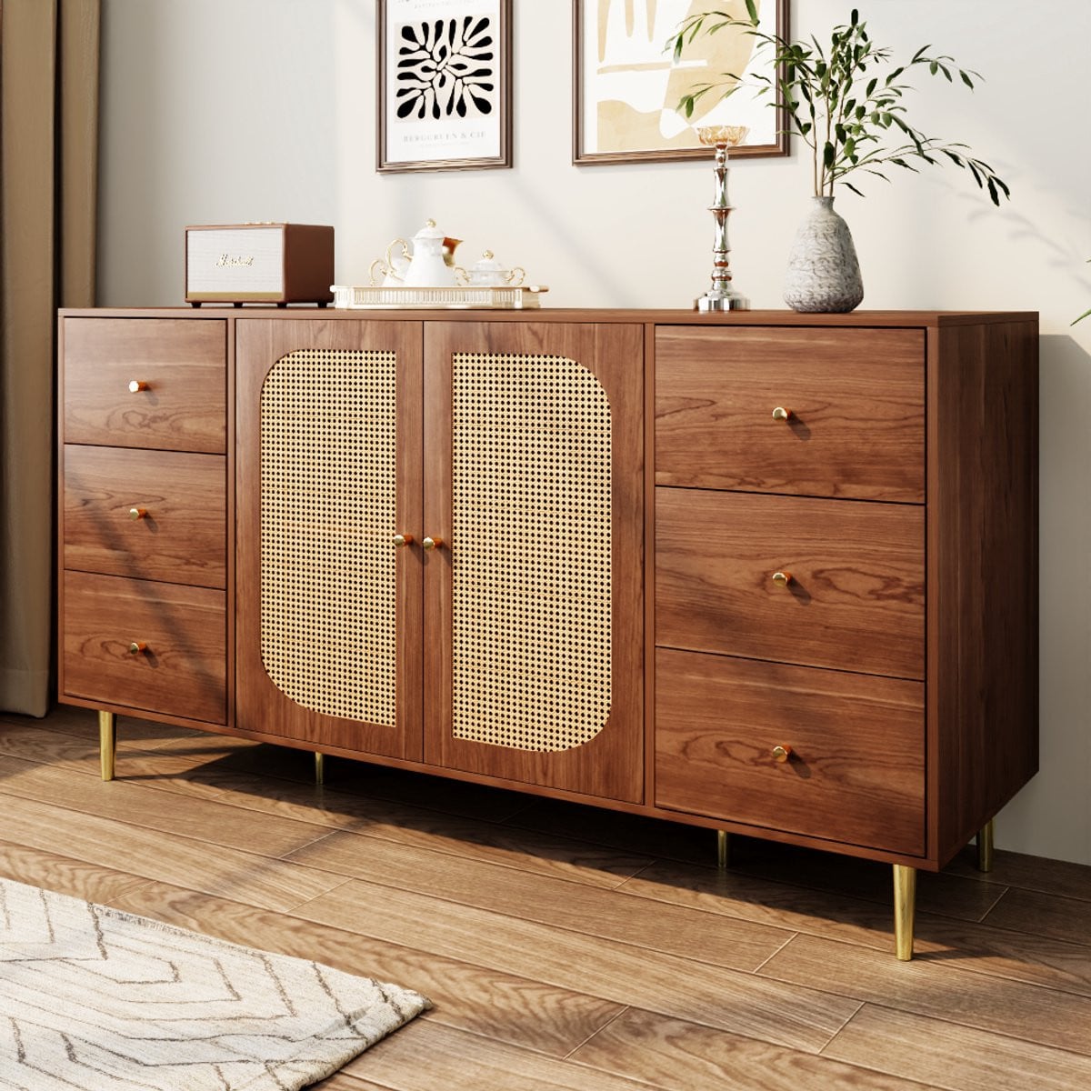 REDOM Sideboard met Rattan-deuren, Houtkleur, B/D/H: 160 x 40 x 90 cm