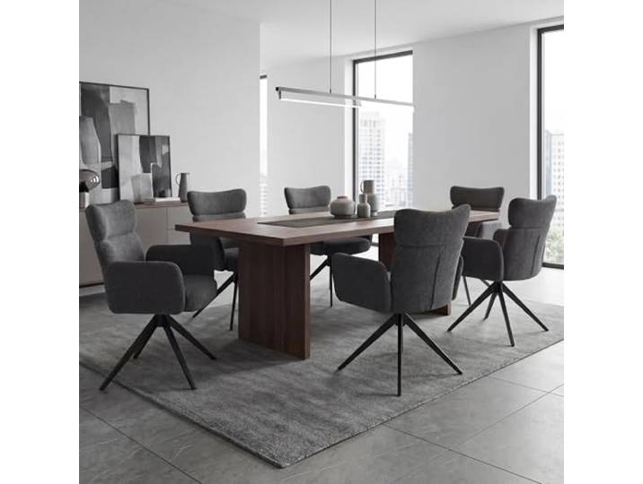 Mendler 6er-Set Esszimmerstuhl HWC-N11 Stoff - dunkelgrau, Beine dunkelgrau Stuhl, drehbar Auto-Return, Bouclé (350g/m²)