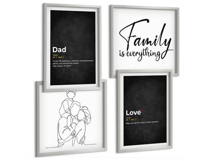 BILDER SET 4er Set - 50x50 cm & 40x60 cm Silberner Rahmen - Definitionen der Liebe in Familienzeichnungen