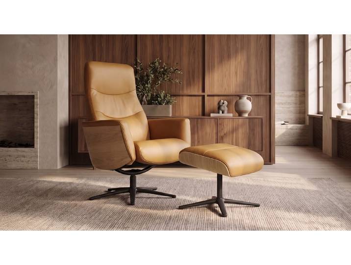 KAWOLA Relaxsessel VANITAS Leder cognac Eichenfinish Komfort Drehsessel, 360° drehbar, Relaxfunktion, Kopfstütze, inklusive Fußhocker