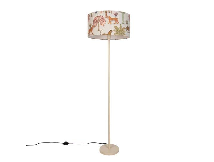 Lampadaire Japandi beige avec abat-jour imprimé animalier
