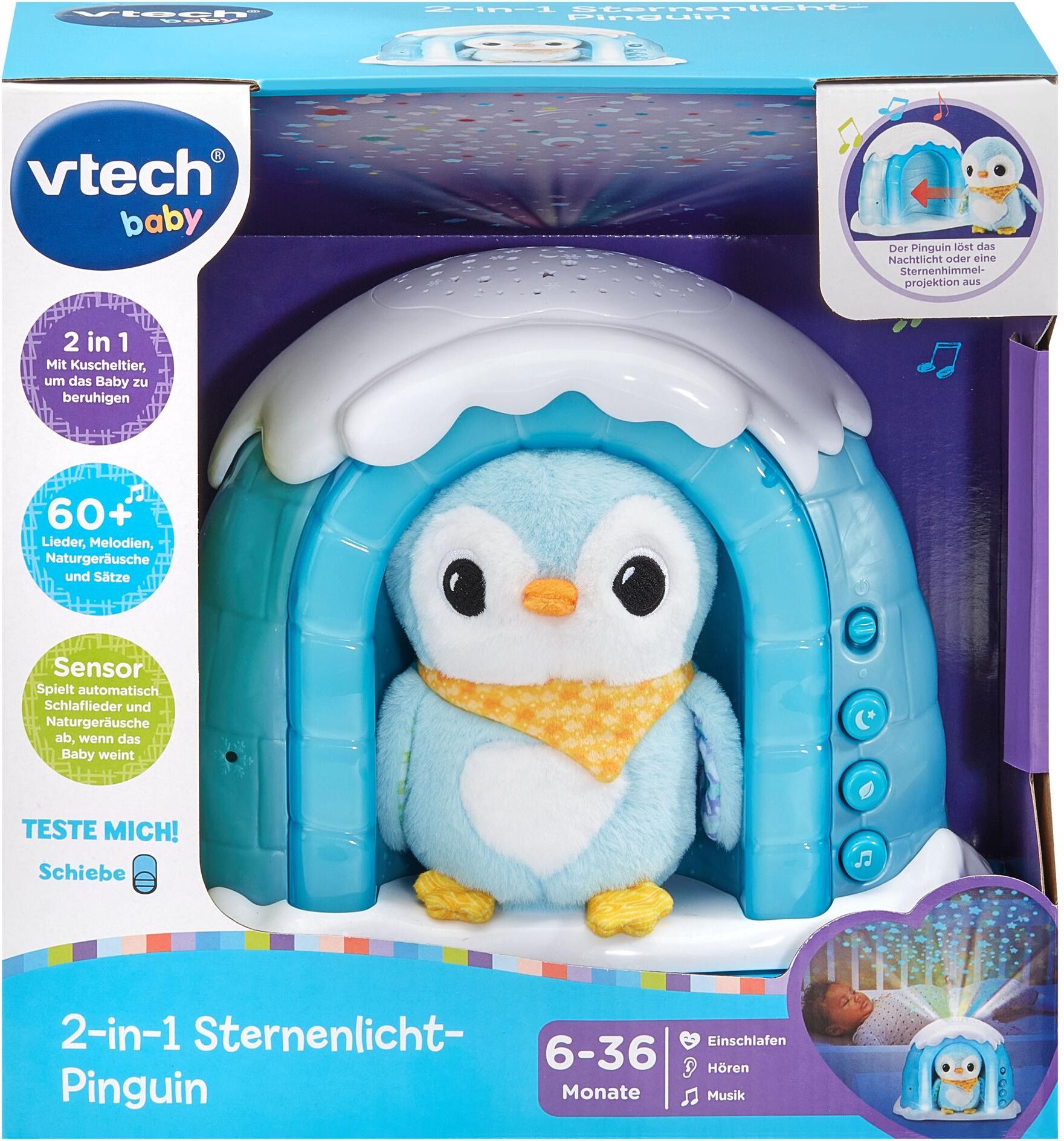 Nachtlicht VTECH "2-in-1 Sternenlicht-Pinguin -DE-", Baby, Gr. H: 12cm, blau (blau, weiß), Leuchten Nachtlicht blau, weiß H: 12cm