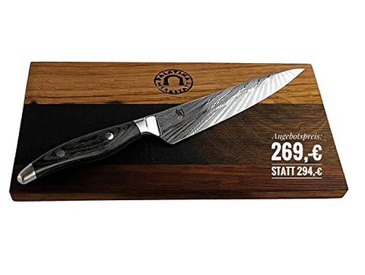 KAI Shun Set Nagare NDC-0701 Serie ultrascharfes, japanisches Allzweckmesser Klinge 15 cm + Schneidebrett aus Fassholz (Eiche) 25x15