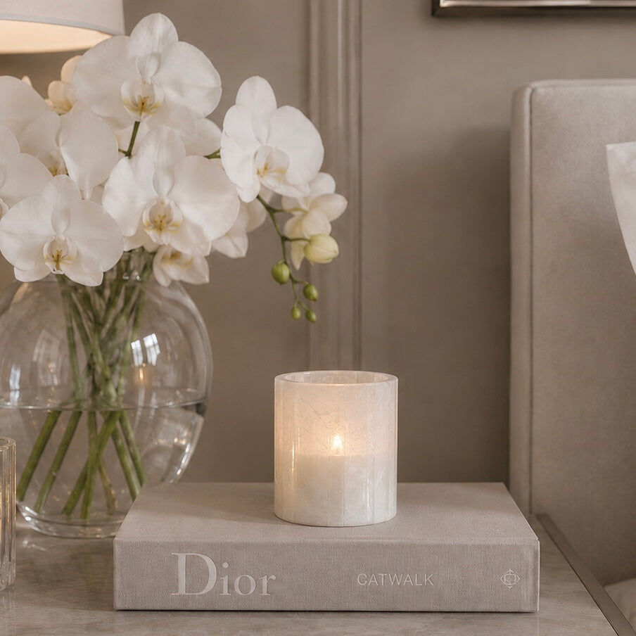 Phoebe Cream & Beige Stripe Glass Tealight Holder