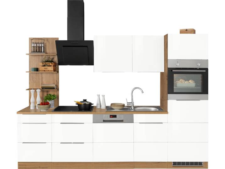 Küchenzeile, 280x200x60 cm, MDF, Weiß Hochglanz, Mit E-Geräten & Regal, Modern