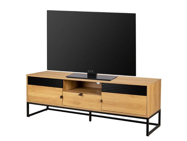 TV-Lowboard Front & Korpus: Spanplatte, beschichtet Absetzung: MDF Mitteldichte Holzfaserplatte , lackiert Griff: Kunstleder Gestell: Metall,
