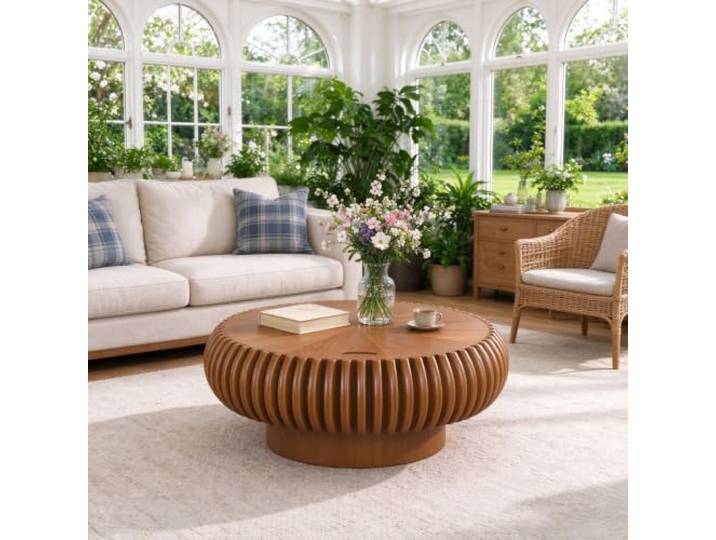 Runder Couchtisch in Trommelform, Couchtisch Aus Holz Mit Stauraum Handgefertigter, Gerillter Couchtisch in Trommelform Mit Verborgenem Stauraum – Für Das Wohnzimmer, Einfache Montage