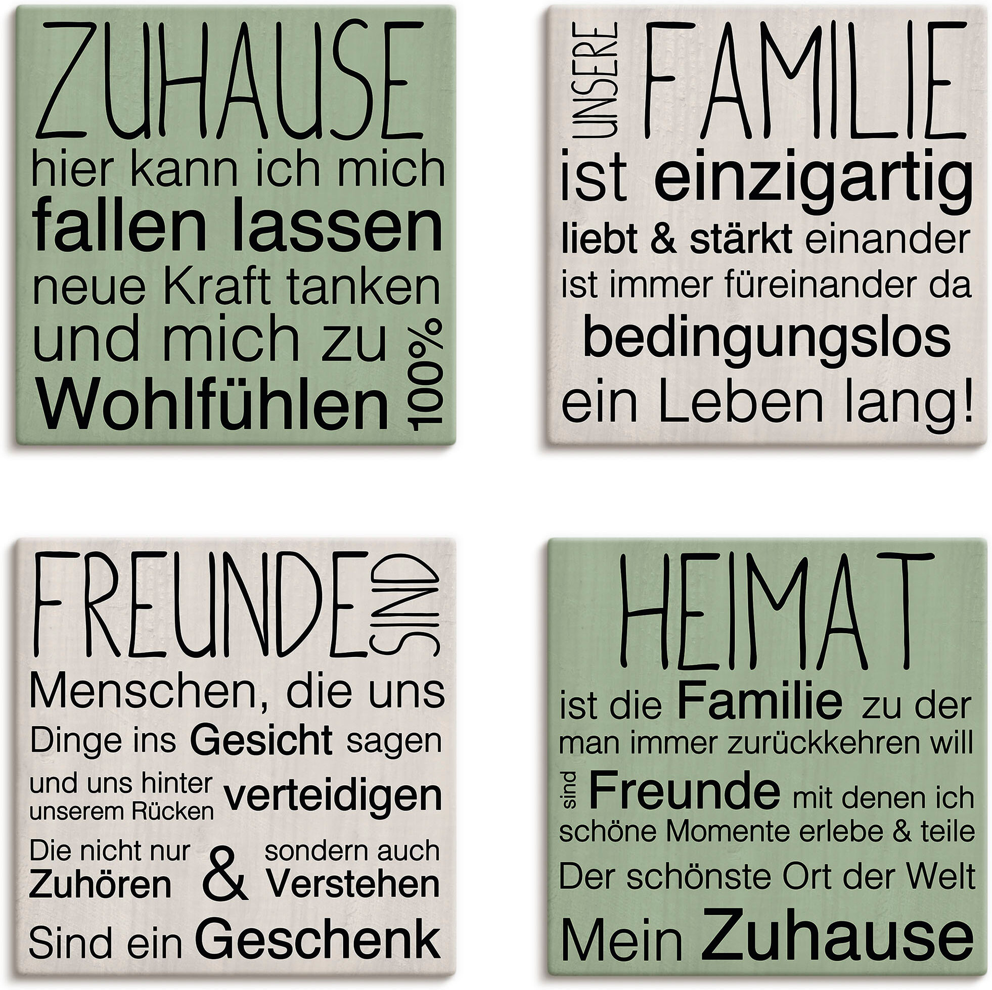 Leinwandbild GOODPRODUCT "Zuhause, Familie, Freunde, Heimat", grün (farbe bild(er): schwarz), B:30cm H:30cm T:0,8cm, Canvas, Bilder, Leinwandbild, 4tlg. Set farbe bild(er): schwarz B/H/T: 30cm x 30cm x 0,8cm, Leinwandbilder Set Liebessprüche quadratisch, 