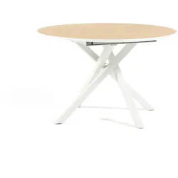 RATTATAN Ausziehbarer runder Tisch Ø120 cm, erweiterbar auf 160 cm, helle Holzoptik-Tischplatte, schwarze X-förmige Metallbeine, modernes Design–SEBASTIAN/Weiß