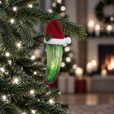 Christbaumschmuck KREBS GLAS LAUSCHA "Weihnachtsgurke mit Stoffhut", grün, B:4cm H:14cm T:4cm Ø:14cm, Glas, Weihnachtsbaumschmuck, Glas, 1 Stück