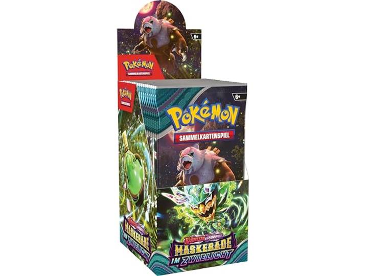 Pokémon-Sammelkartenspiel: Boosterpack-Display-Box Karmesin & Purpur – Maskerade im Zwielicht (18 Boosterpacks)