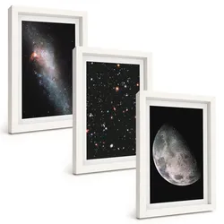 BILDER SET 3er Set - 20x30 cm Weißer Rahmen - Weltraum Galaxien Sterne Mond