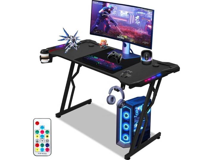 Izrielar Bureau Gamer LED 120x60x75cm RGB Table de Gaming avec Tapis de Souris Noir Forme de Z MEUBLE INFORMATIQUE