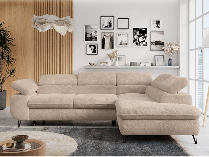 Ecksofa Sofa Ivory, Wohnlandschaft L-Form mit Schlaffunktion und Bettkasten, Schlafsofa mit Bettkasten, Sofa mit Einstellbare Kopfstützen, Peter L - Ivory Plüsch - Rechts Ivory