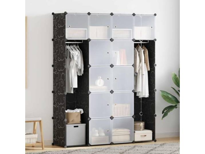 Modularer Schrank mit 14 Fächern Schwarz Weiß 37x146x180,5cm Kunststoffelemente,verchromter Stahldraht,einfache Reinigung,schneller Aufbau,flexible Kombinationen