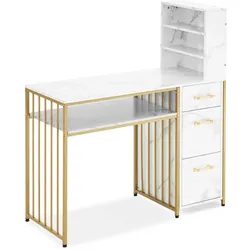 M MCombo Schreibtisch mit 3 Schubladen, Nageltisch aus Holz Metallgestell, Manikürtisch, Schminktisch ohne Spiegel Modern, Computertisch mit Regal Wohnzimmer, 43x108x125cm, 2420
